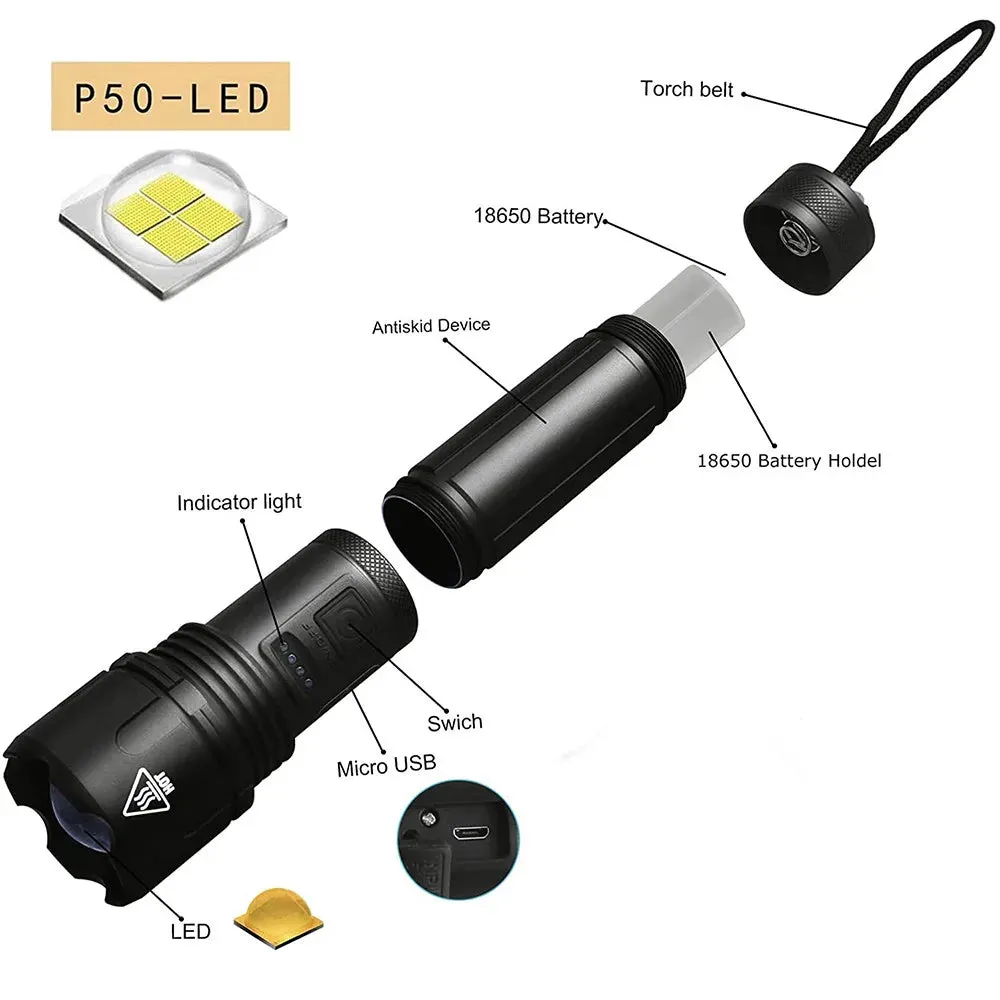 High Power 4-Core XHP50 Flashlight Super Bright Led Torch USB Zoom Rechargable Lantern for Camping,Outdoor