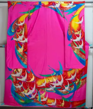 Hot Pink Silk Kakeshita Wedding Kimono Long Japanese Bridal Dress Bride Shiny Flying Herons Retro