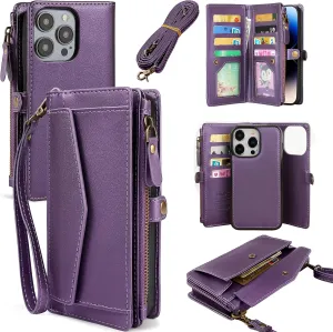 i Phone 16 Pro Max Wallet Case Support Wireless Charging Phone Case Crossbody Strap Purple