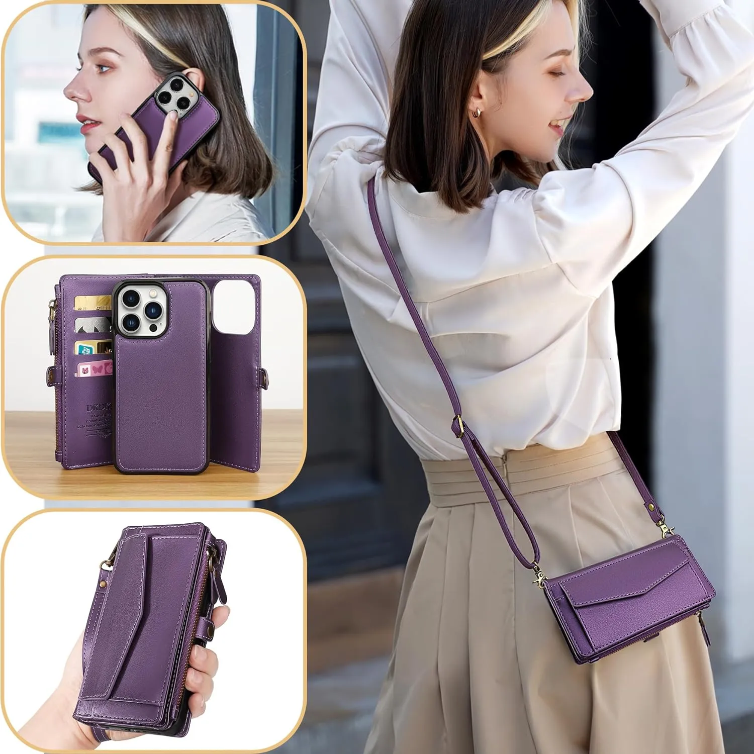 i Phone 16 Pro Max Wallet Case Support Wireless Charging Phone Case Crossbody Strap Purple