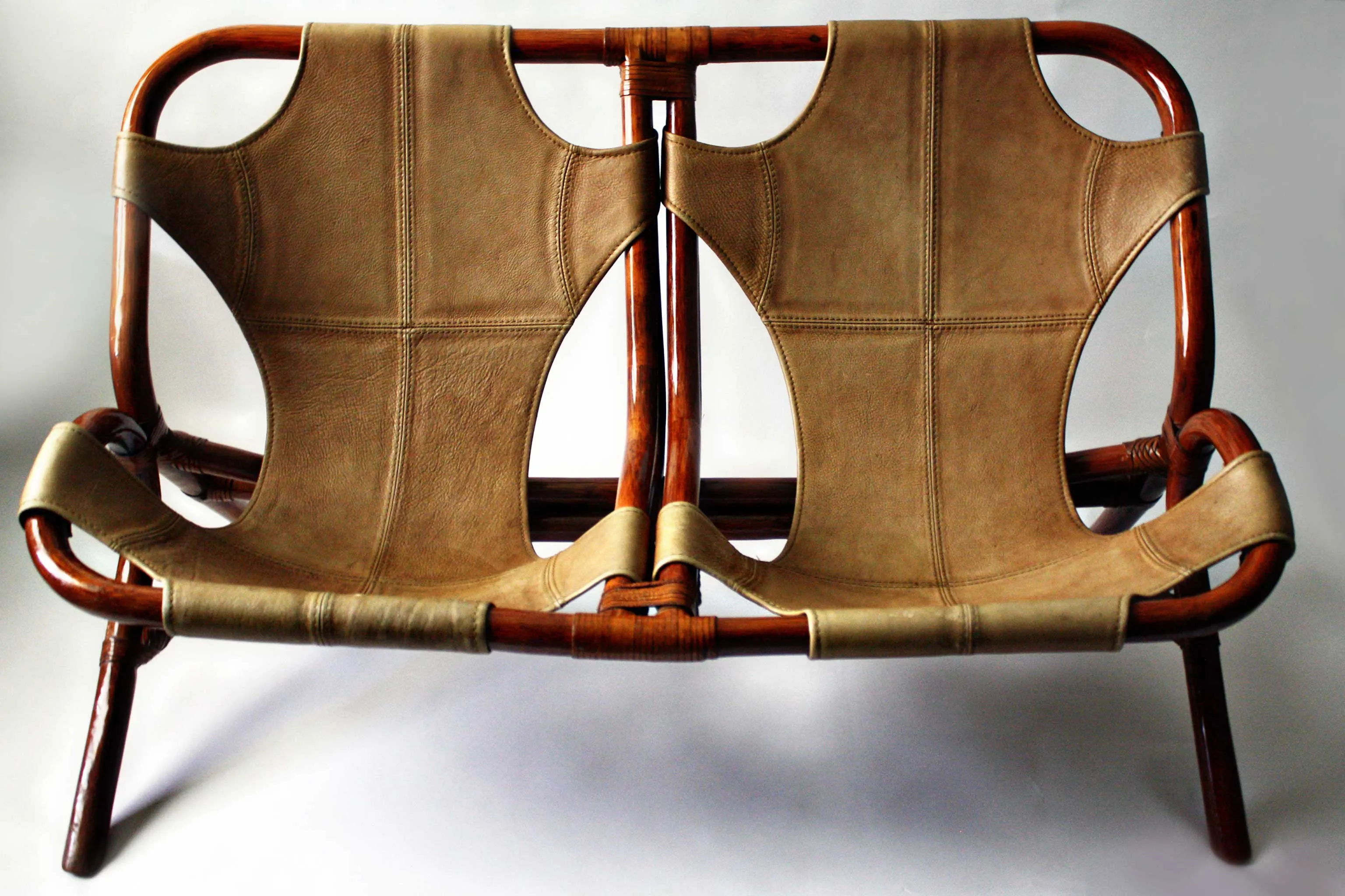 Italian Bamboo and Leather Sling Back Settee, Italy, C. 1970's