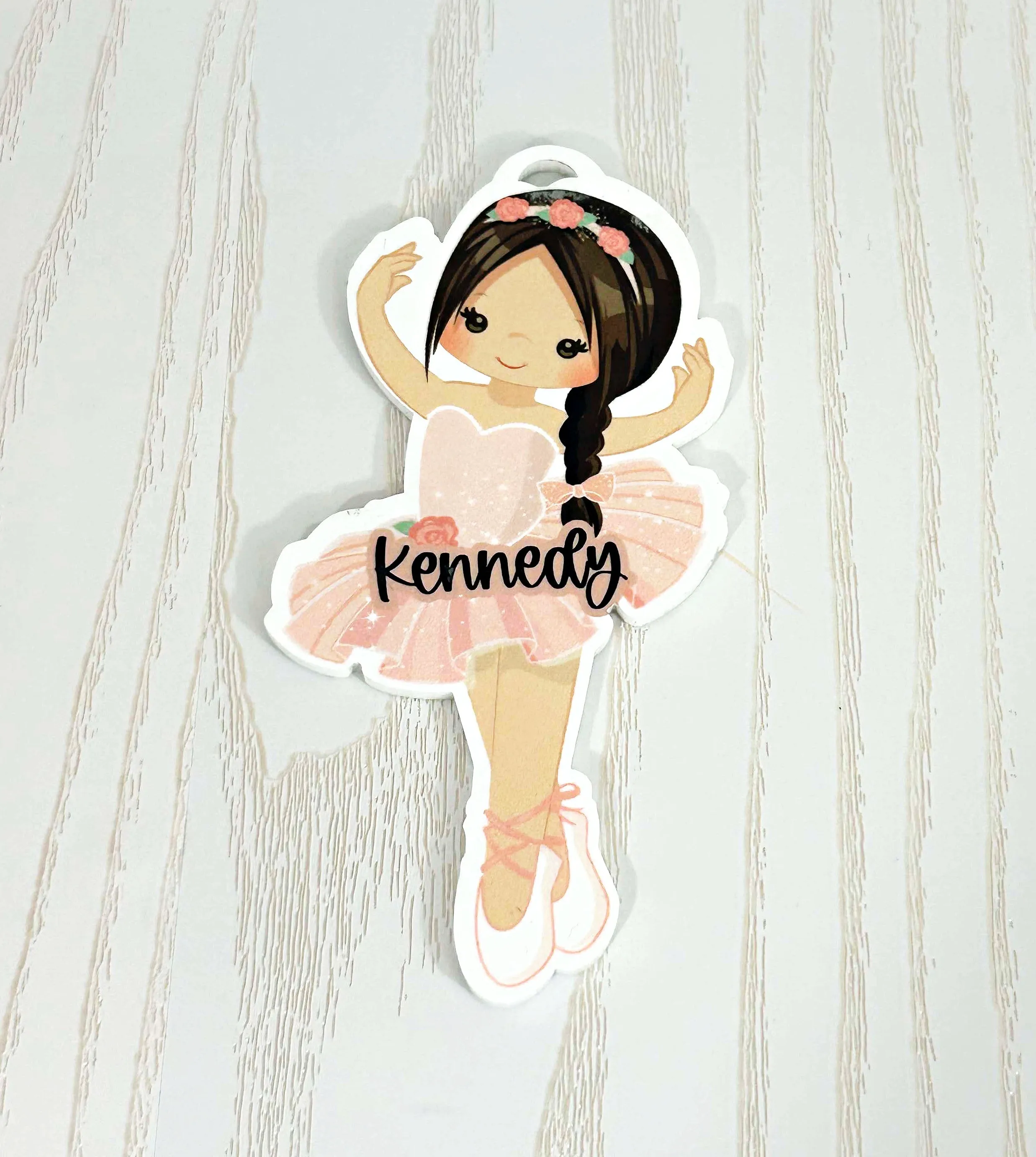 Kenzie's Boutique Handmade Ballerina Ballet Bag Tag Personalized with Name - Young Dancer Bag Name Tag - Pointe Keychain Ballerina Shoes - Blond Red Black Brown Brunette Hair