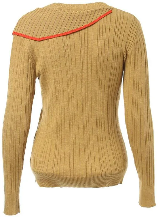 Knit Paneled Flap Contrast-Stripe Sweater in Khaki