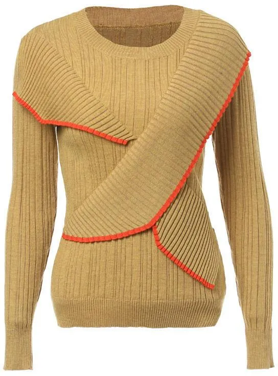 Knit Paneled Flap Contrast-Stripe Sweater in Khaki