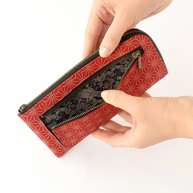 Koshu Inden Japanese Deerskin Leather with Urushi (Japanese Lacquer) L-Zip Long Wallet - Asanoha (hemp leaf) Pattern / Red - ,  Made in Japan,  Japanese Leather Wallet