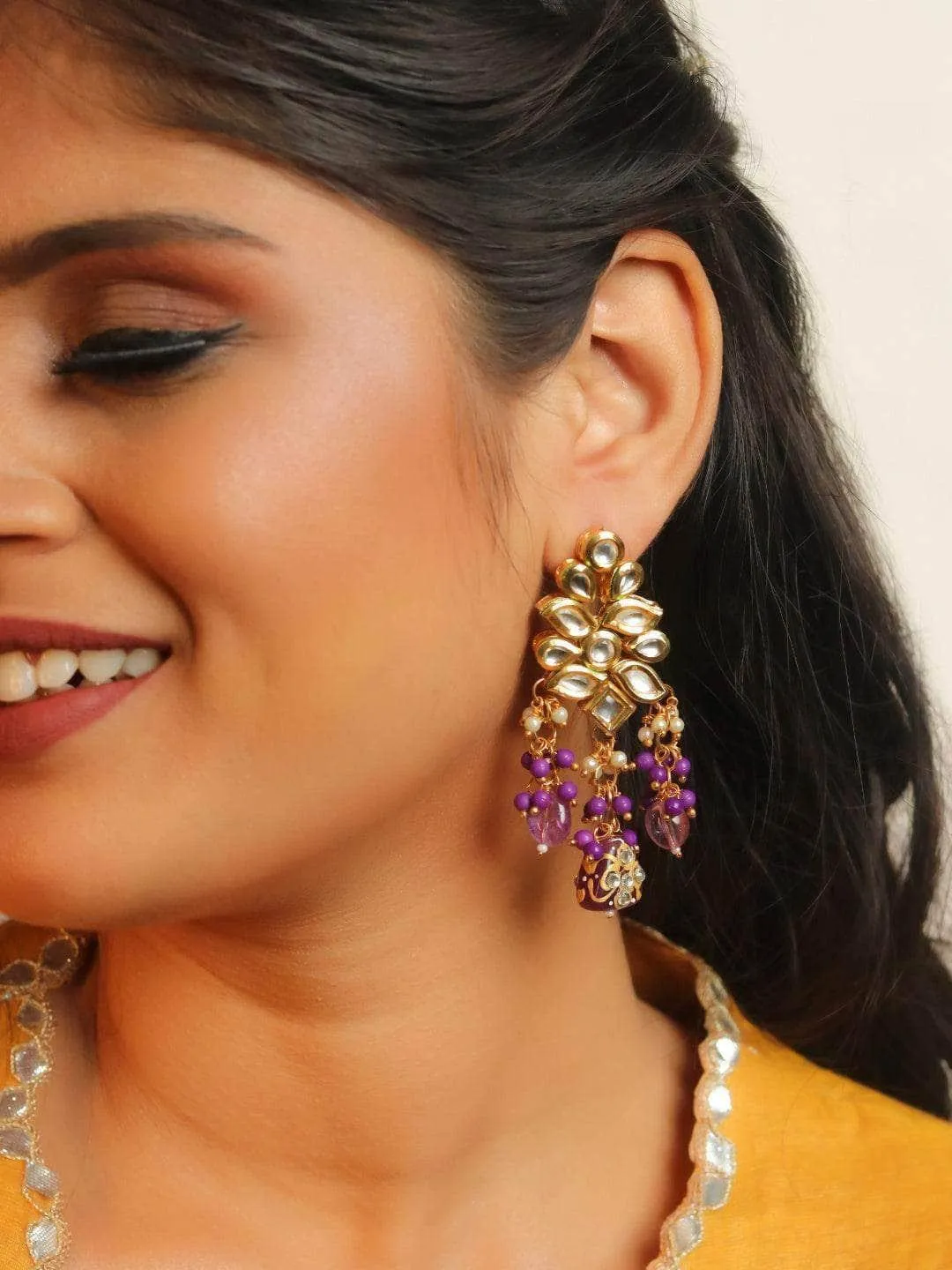 Kundan Precious Stone Earrings Violet