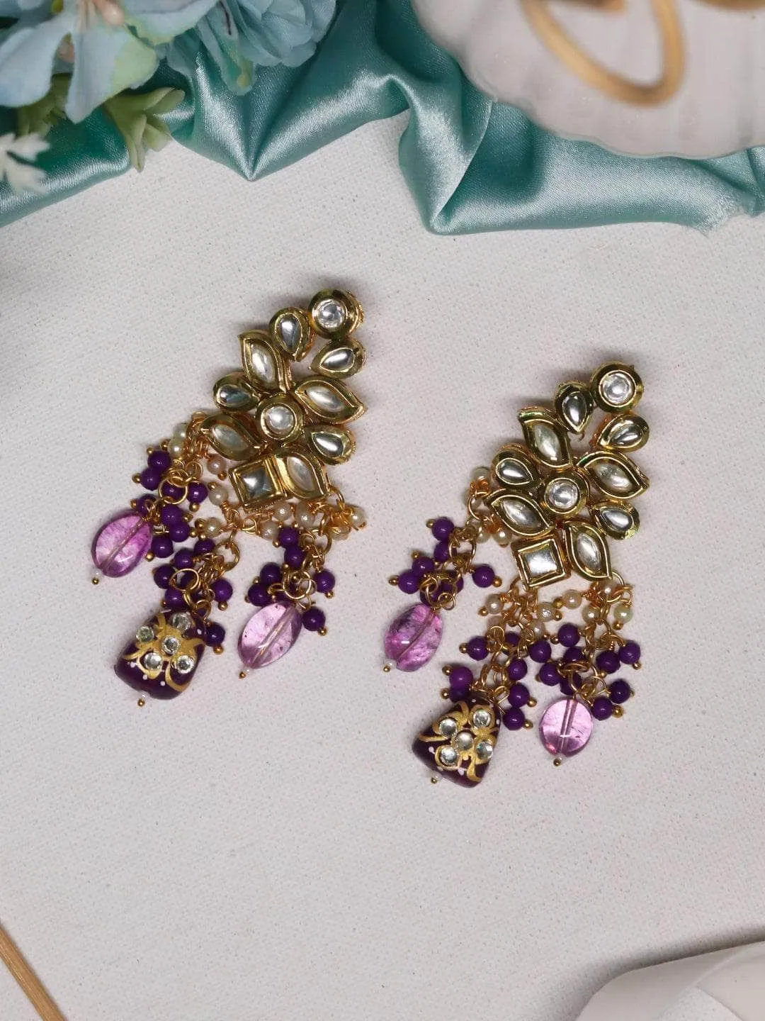 Kundan Precious Stone Earrings Violet