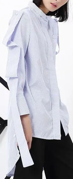 Layered-Sleeve Striped Asymmetric Shirt