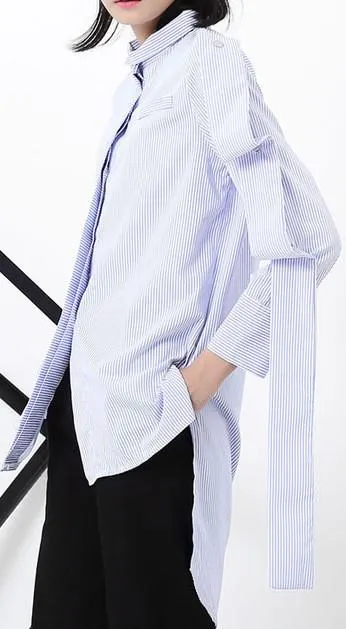 Layered-Sleeve Striped Asymmetric Shirt