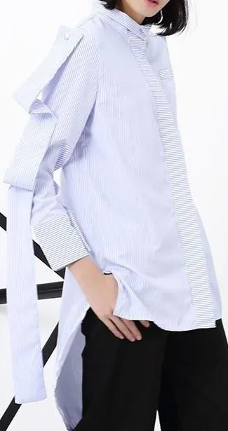 Layered-Sleeve Striped Asymmetric Shirt