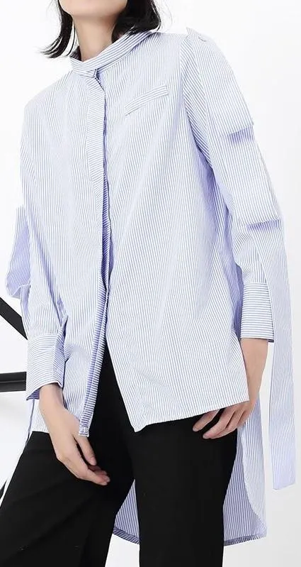 Layered-Sleeve Striped Asymmetric Shirt