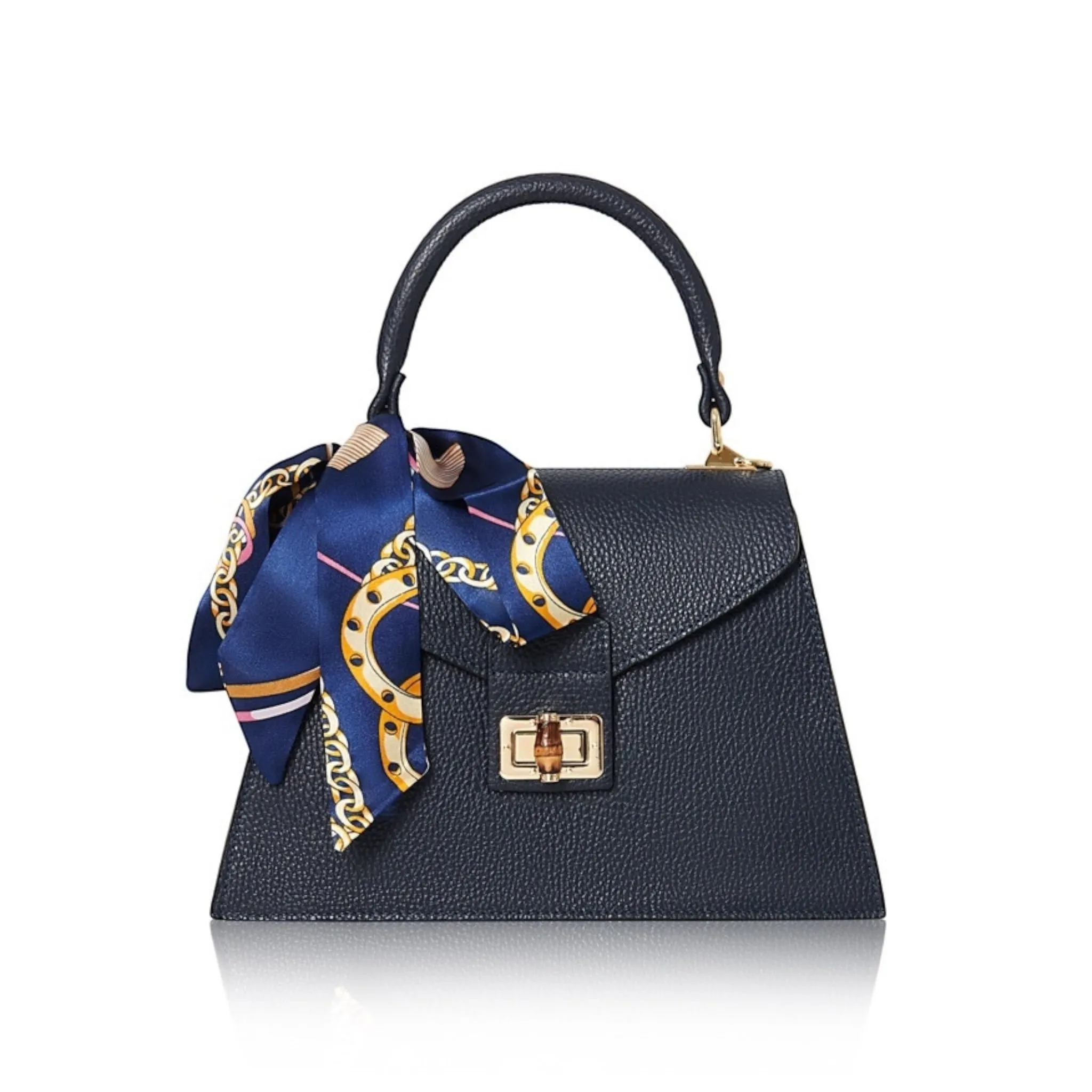 Leather Top Handle Mini Bag with Scarf Navy