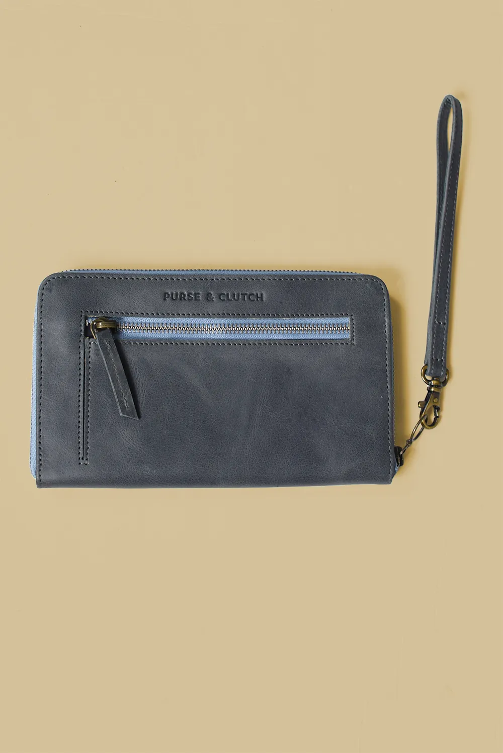 Leather Zipper Wallet Wristlet in Charcoal