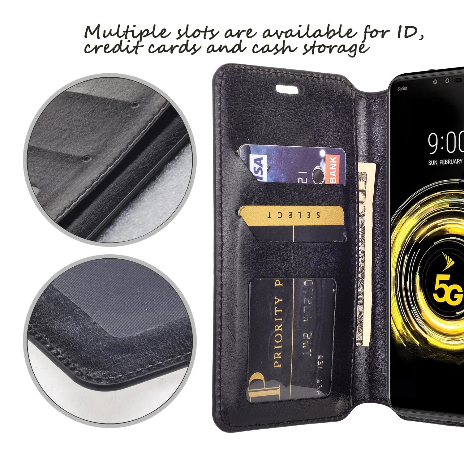 LG G8 ThinQ Case, LM-G820 Wallet Case, Pu Leather Wallet Case [Kickstand] with ID & Credit Card Slots for G8 ThinQ - Black