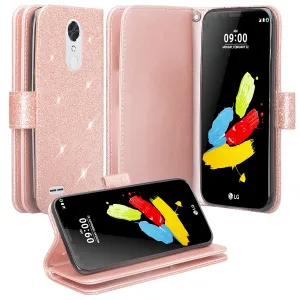 LG K10 (2018) Case, K30, Premier Pro, K10 Plus, Phoenix Plus, Xpression Plus, K10α, X4 Plus, X410, MS245, Wrist Strap Glitter Leather Flip Kickstand Protective Wallet Cover Clutch - Rose Gold