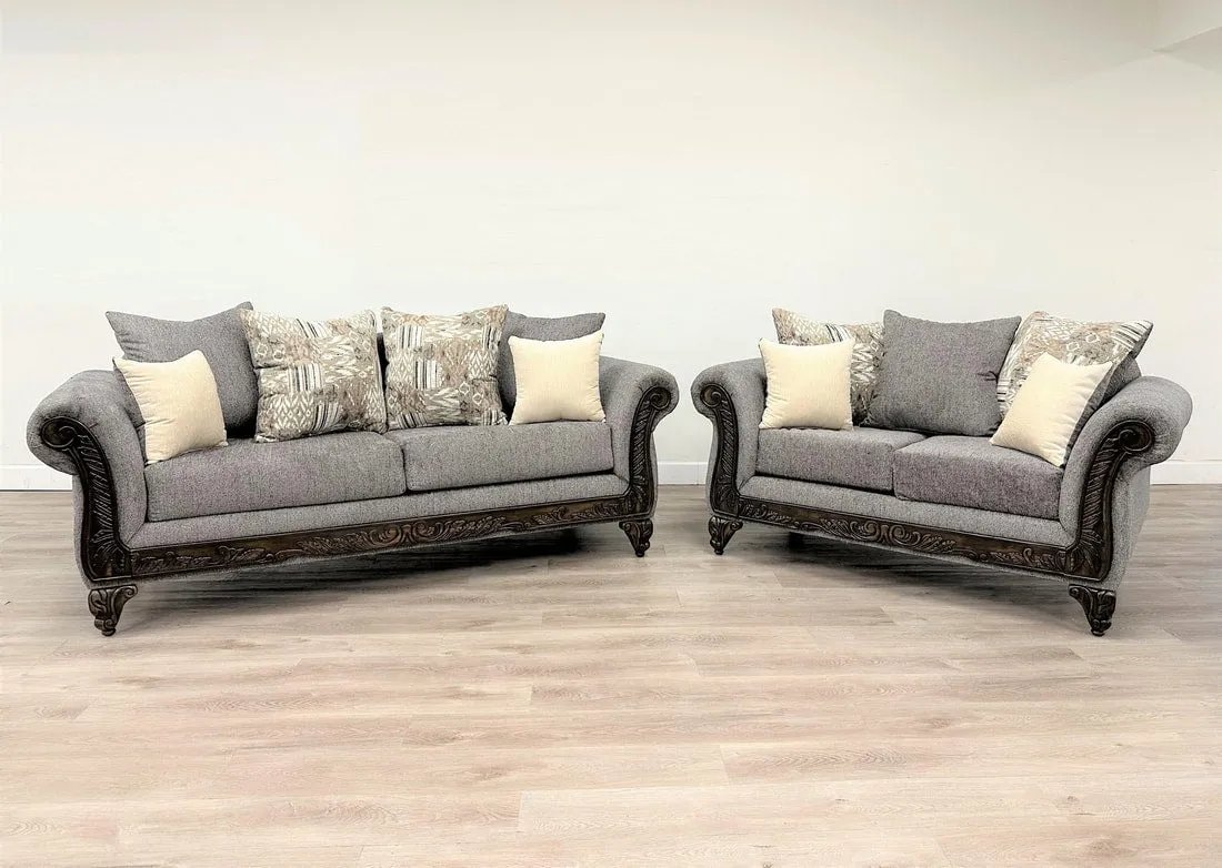 Luxurious Gray Chene Like Fabric Sofa & Loveseat