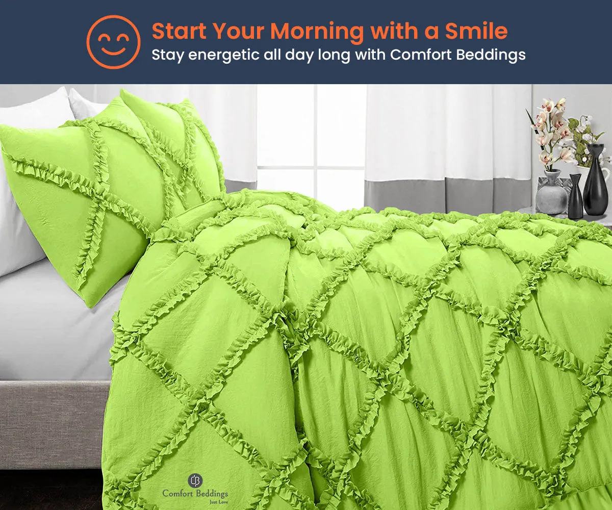 Luxurious Parrot Green Diamond Ruffle Comforter Set