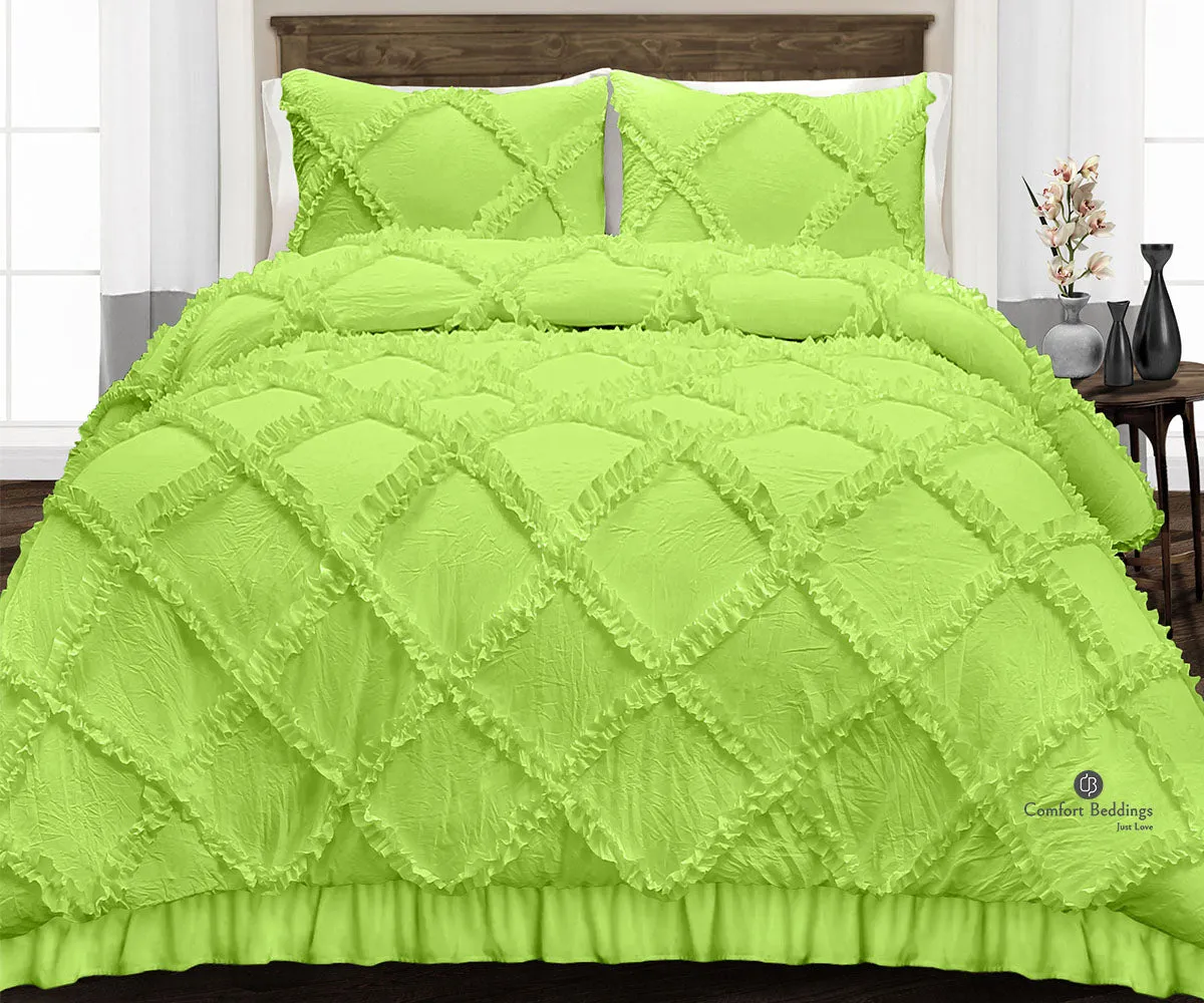 Luxurious Parrot Green Diamond Ruffle Comforter Set