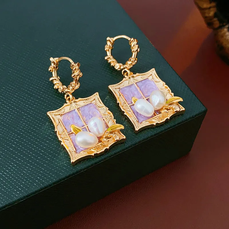 Luxurious Quadrilateral Geometric Pearl Oil Dripping Earrings