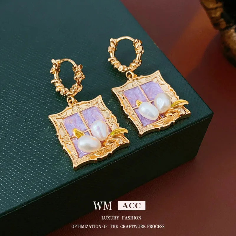 Luxurious Quadrilateral Geometric Pearl Oil Dripping Earrings