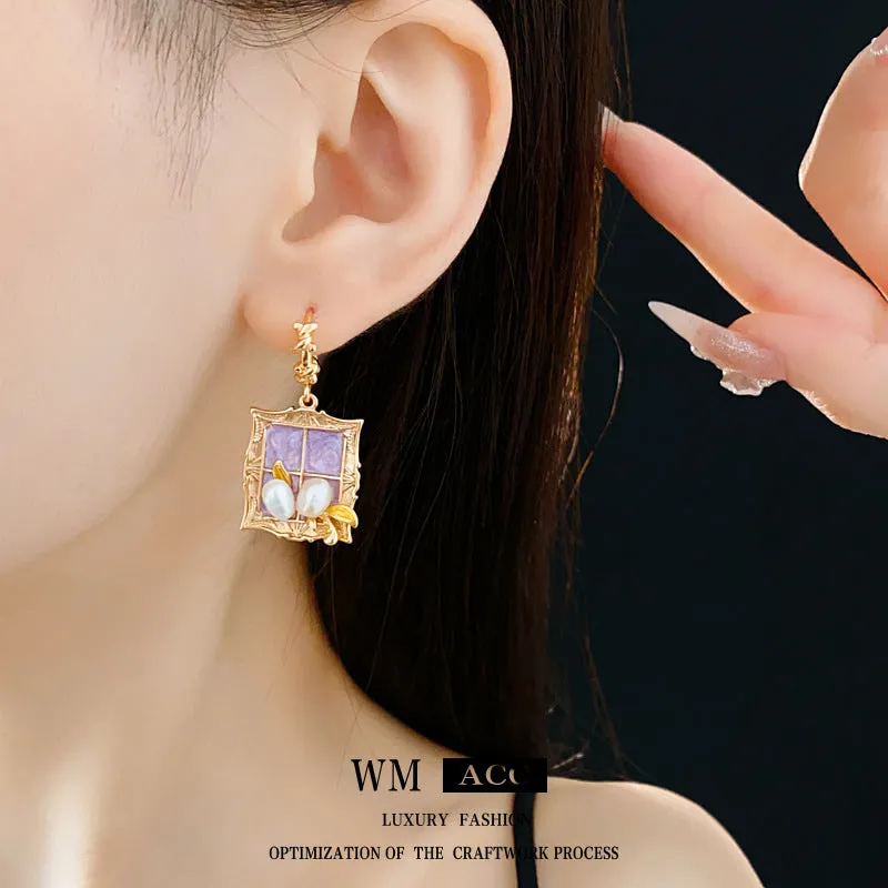 Luxurious Quadrilateral Geometric Pearl Oil Dripping Earrings