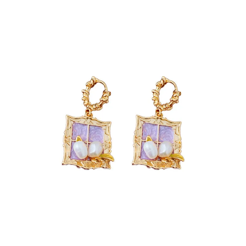 Luxurious Quadrilateral Geometric Pearl Oil Dripping Earrings