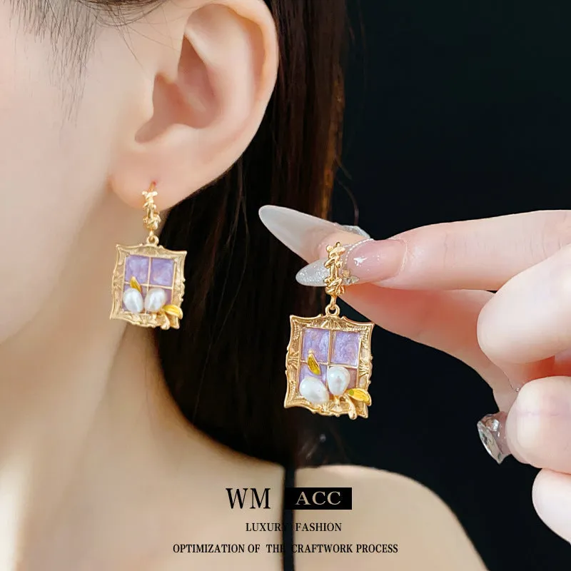 Luxurious Quadrilateral Geometric Pearl Oil Dripping Earrings