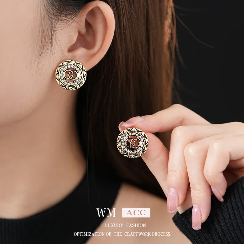 Luxurious Round Geometric Flower Alloy Diamond Inlay Earrings