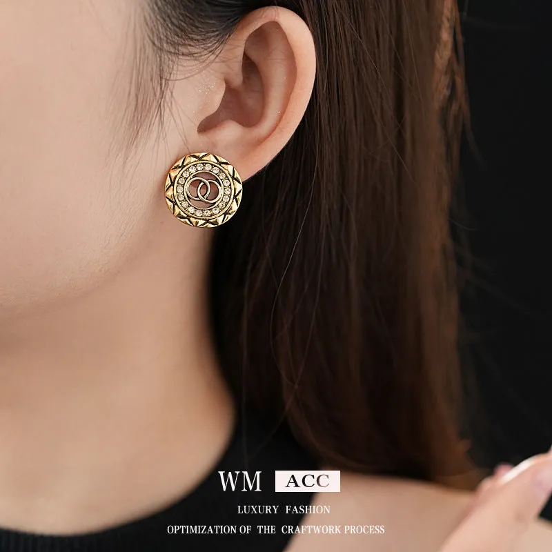 Luxurious Round Geometric Flower Alloy Diamond Inlay Earrings