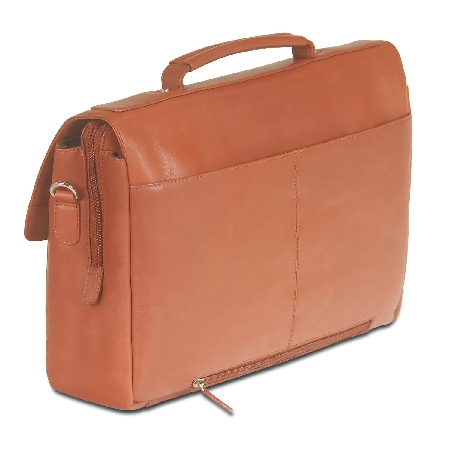 Mancini Leather Triple Compartment Flap Briefcase for 15" Laptop / Tablet, 15" x 4.25" x 10.25", Cognac