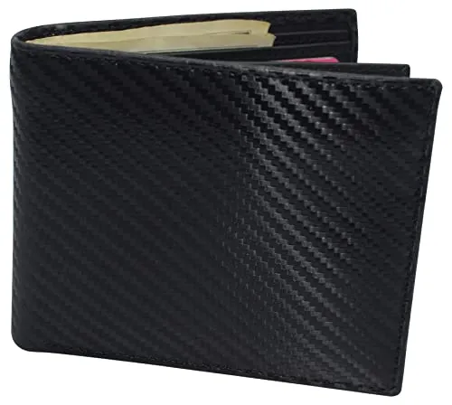 Mens Carbon Fiber Leather Bifold Wallet with ID Window RFID Blocking Multi Card Holder Front & Back Pocket Wallet for Men with 2 Money Compartments