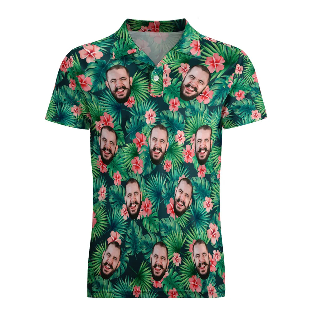 Men's Custom Face POLO Shirt Personalised Green Golf Shirts For Him Hawaiian Pink Flower