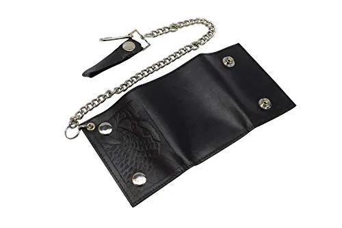 Men's Genuine Leather Black Trifold Wallet with Chain Biker Trucker Motorcycle