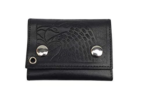 Men's Genuine Leather Black Trifold Wallet with Chain Biker Trucker Motorcycle