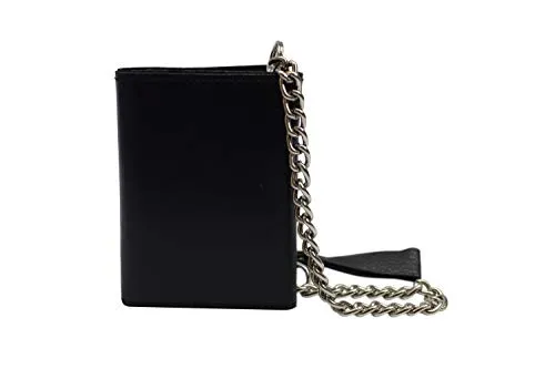 Men's Genuine Leather Black Trifold Wallet with Chain Biker Trucker Motorcycle