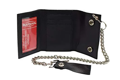 Men's Genuine Leather Black Trifold Wallet with Chain Biker Trucker Motorcycle