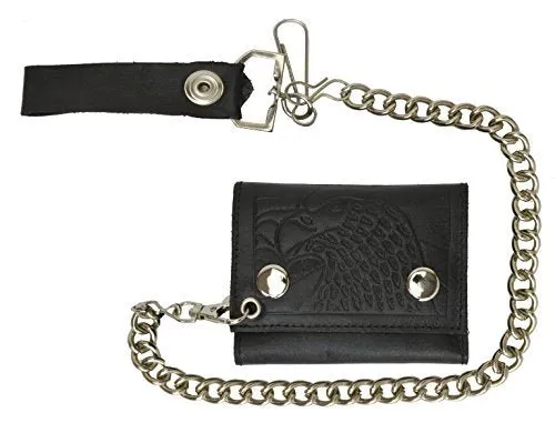 Men's Genuine Leather Black Trifold Wallet with Chain Biker Trucker Motorcycle