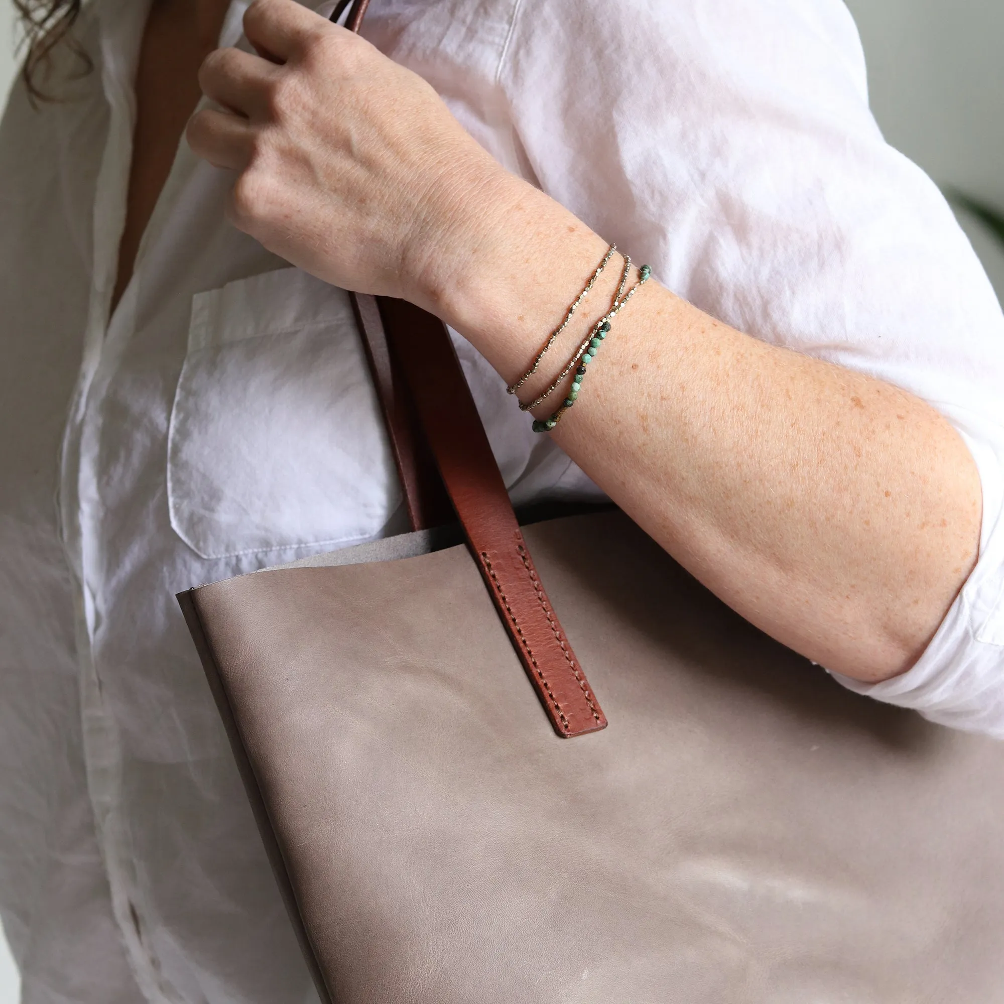 Minimalist Leather Tote - Gray with Brown Straps