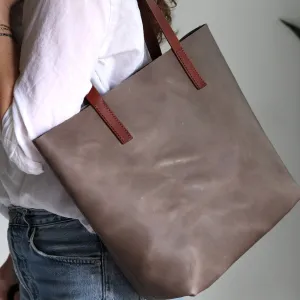 Minimalist Leather Tote - Gray with Brown Straps