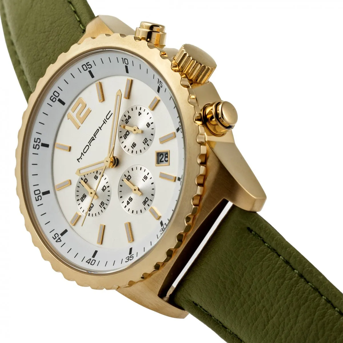 Morphic M67 Series Chronograph Leather-Band Watch w/Date - Gold/Olive