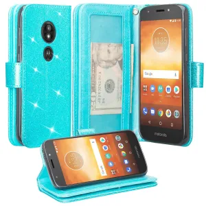 Motorola Moto E5 Play , e5 Cruise, E5 GO Case, [Wrist Strap] Glitter Faux Leather Flip [Kickstand Feature] Protective Wallet Case Cover Clutch - Teal