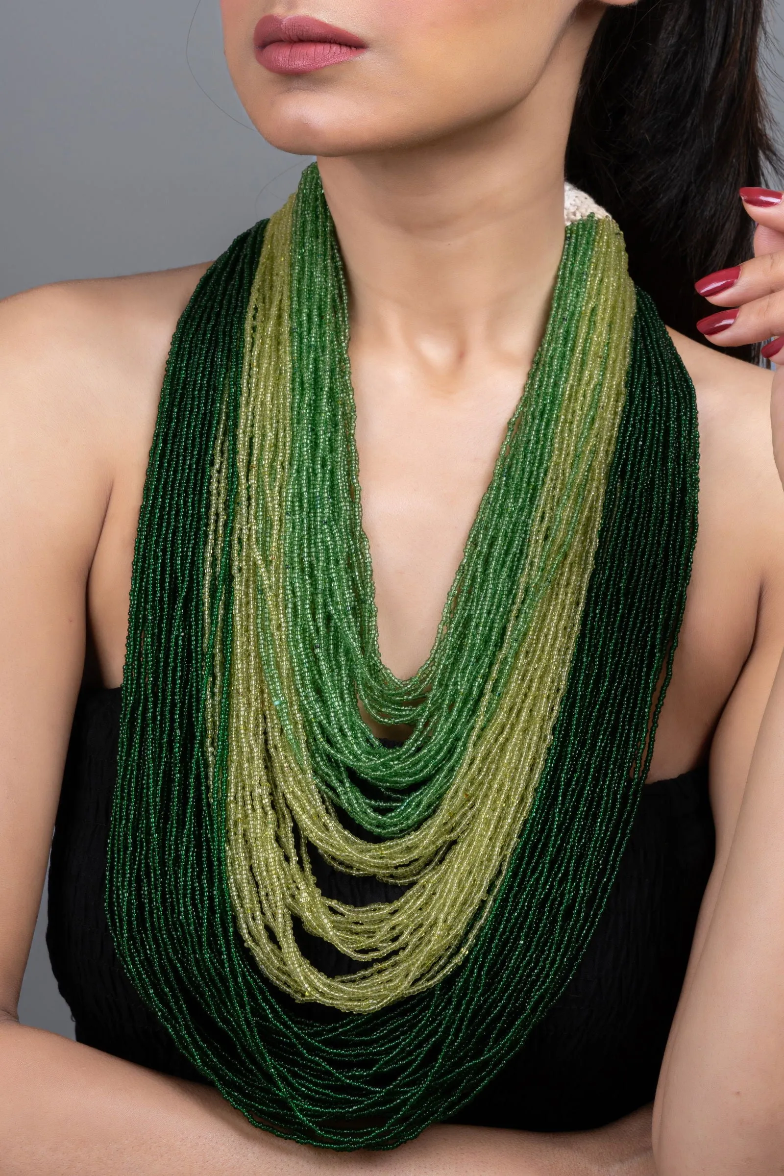 Multi-Layered Czech Bead Statement Necklace in 5 Shades of Green for Women and Girls