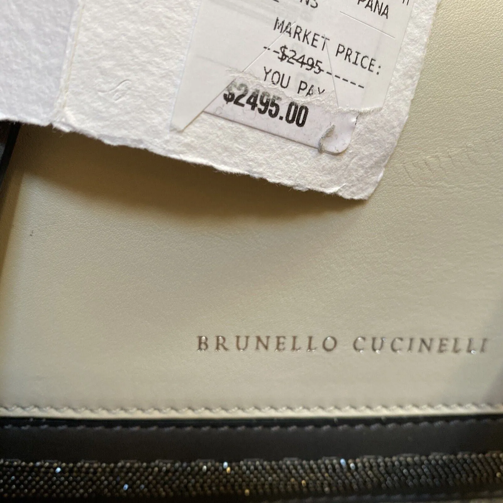 New $2495 Brunello Cucinelli Monili-Trimmed Leather Crossbody Bag Cream/Black