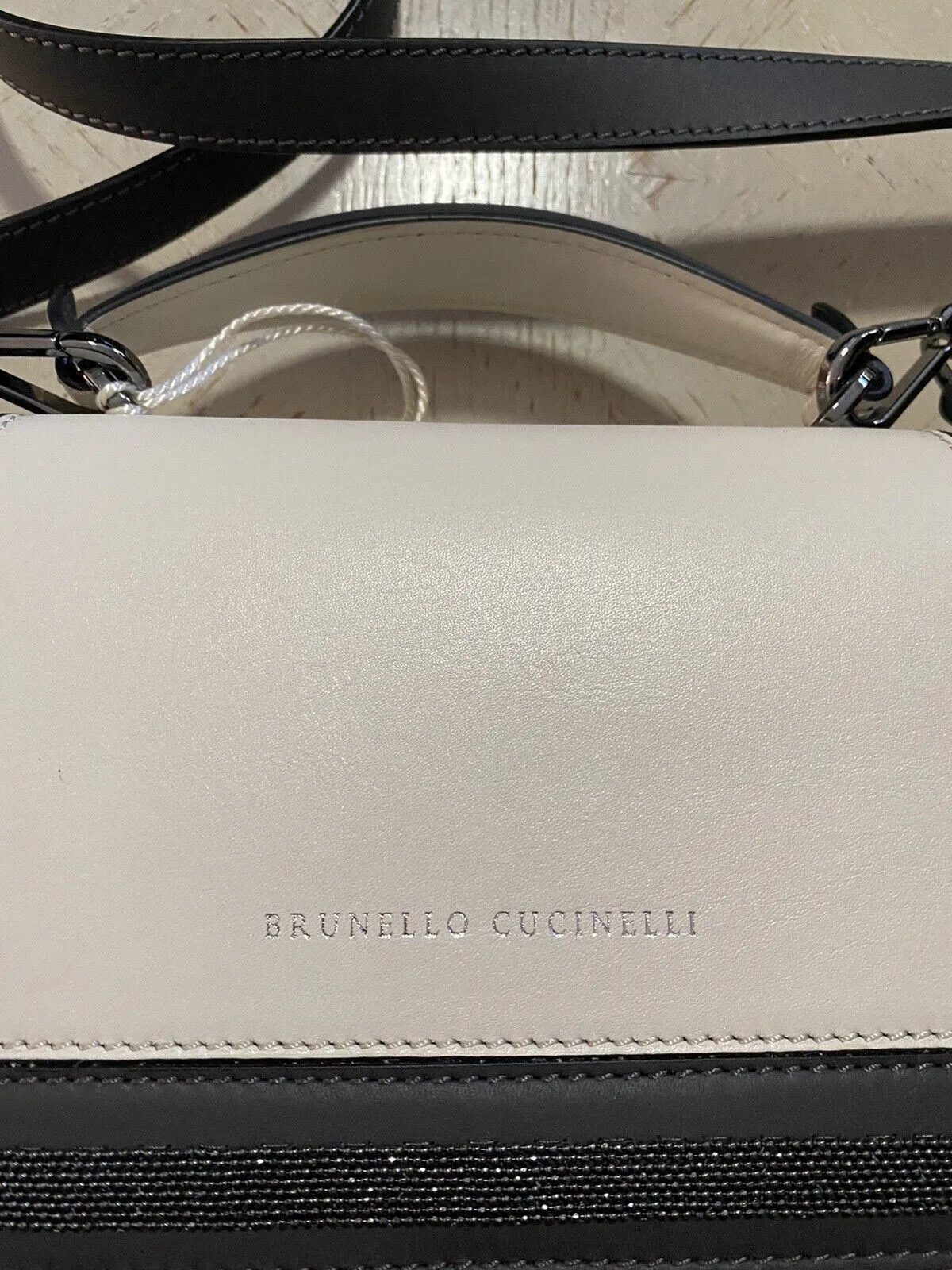 New $2495 Brunello Cucinelli Monili-Trimmed Leather Crossbody Bag Cream/Black