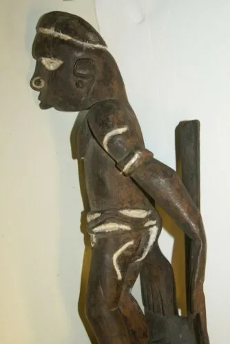 Old Asmat Warrior Hand Carving Statue Ironwood Primitive Sculpture PNG Art 100A2