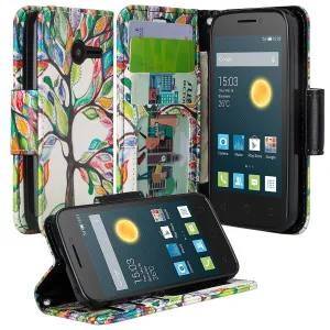 Onetouch Pixi Pulsar Case, Wrist Strap Flip Fold [Kickstand Feature] Pu Leather Wallet Case with ID & Credit Card Slots For Alcatel Onetouch Pixi Pulsar - Colorful Tree