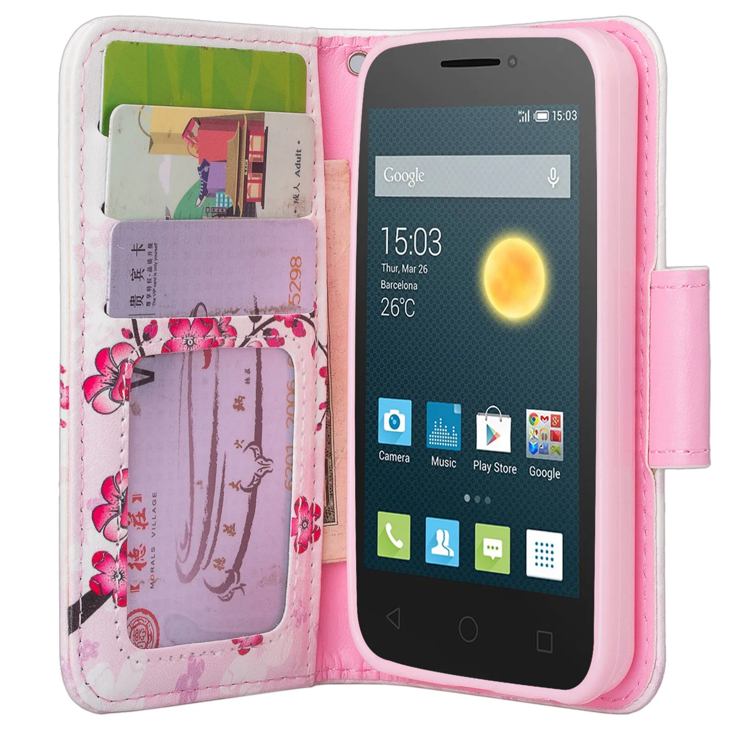 Onetouch Pixi Pulsar Case, Wrist Strap Flip Fold [Kickstand Feature] Pu Leather Wallet Case with ID & Credit Card Slots For Alcatel Onetouch Pixi Pulsar - Lotus Flower