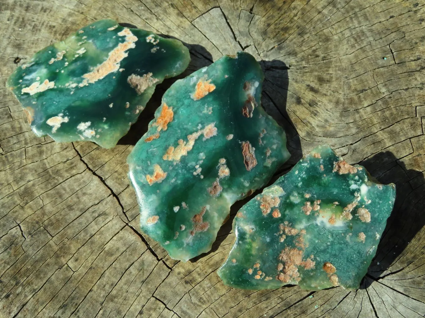 Polished On One Side Emerald Mtorolite Plates x 3 From Mutorashanga, Zimbabwe