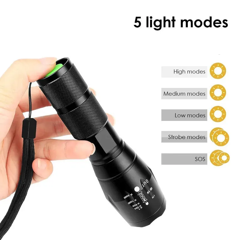 Portable T6 High Power LED Flashlight Powerful Torch Zoomable 5-Mode Without Battery Outdoor Camping Fishing Hiking Light Tools