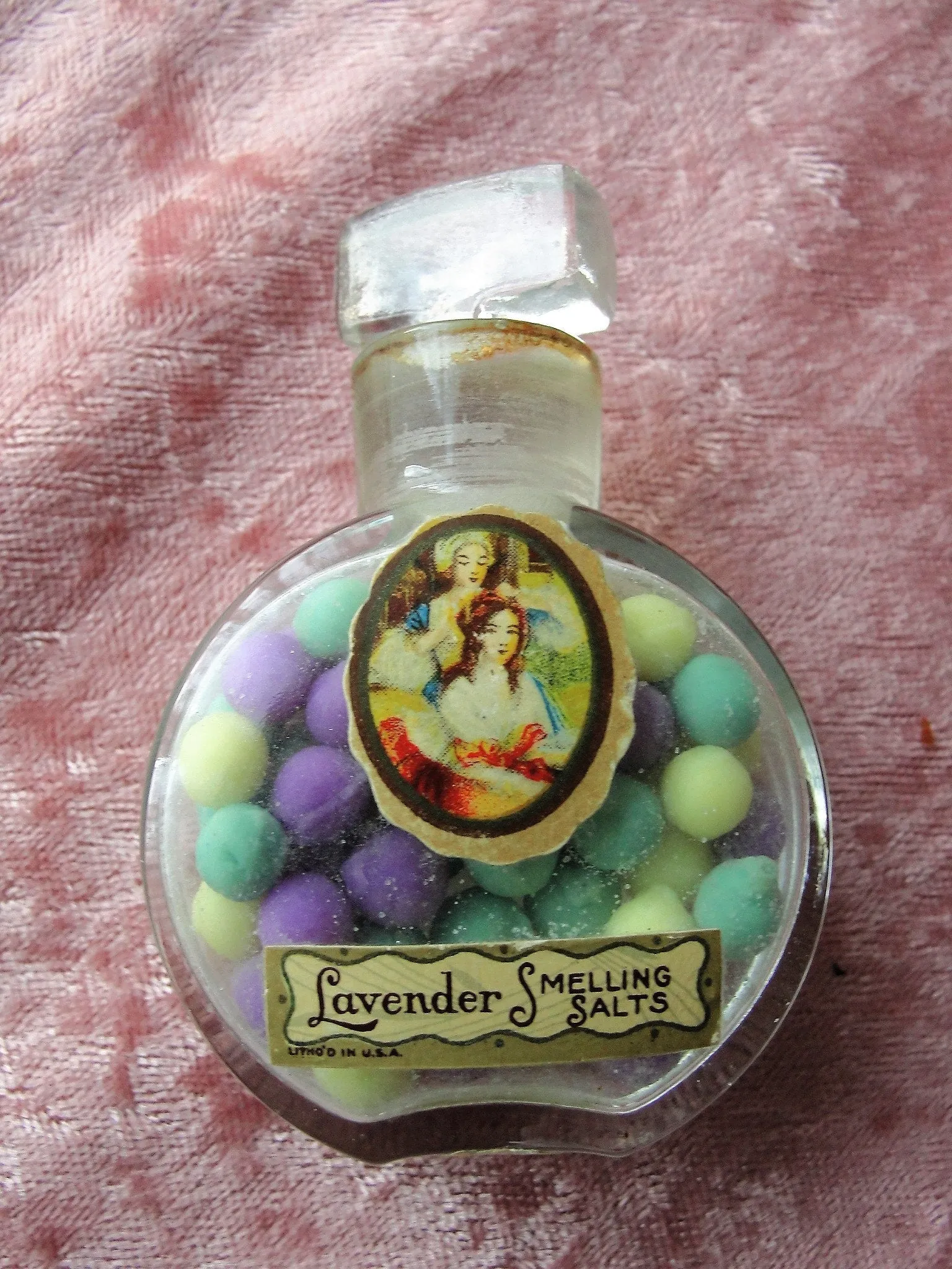 RARE 1920s Lavender Smelling Salts, Lovely Glass Bottle and Stopper,Colorful Lavender Smelling Salts,Vanity Display,Perfume Collection Decor